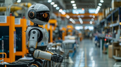 The factory walls are adorned with safety posters and operational guidelines, reinforcing the importance of safety culture in which the humanoid robot operates. safety first for Industrial works