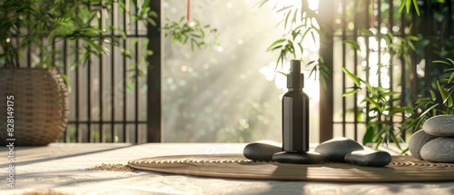 zen spa beauty products bottle in atmosphere of lush greenery, smooth river rocks, bamboo mats with morning sunlight with an atmosphere of peace and tranquility