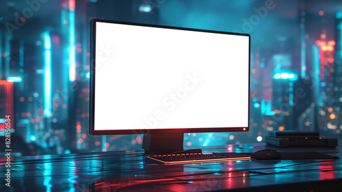 A computer monitor sits on a desk in front of a city skyline. The monitor is black and white, and the city lights in the background create a moody atmosphere. Concept of isolation and loneliness