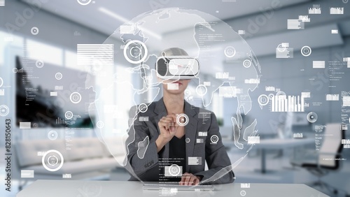 Woman selecting market world dynamic data research analysis sliding graph monitor via VR global innovation interface digital network technology visual hologram smart animation at office. Contraption.