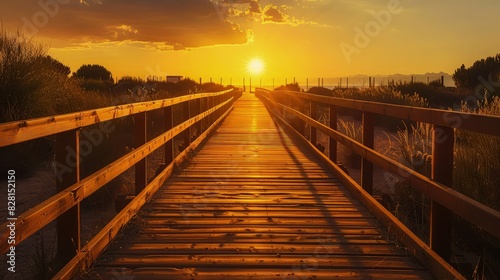 A golden sunset illuminating a peaceful wooden boardwalk in Ciudad Real, the light creating long shadows and a peaceful path leading towards the horizon.