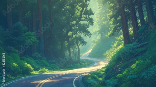 Picture a meandering road stretching through a dense enchanting forest