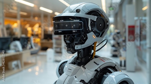 The robotâ€™s helmet visor displays augmented reality overlays, providing it with real-time data and alerts to enhance its situational awareness and operational precision. AI Technology and Industrial