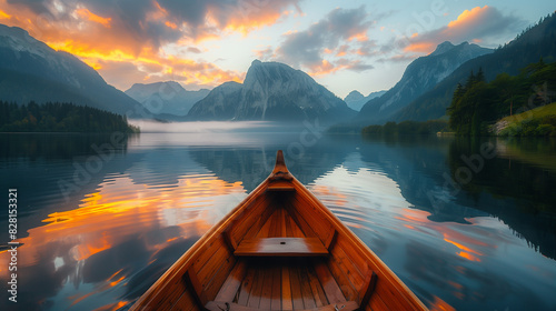 A boat is floating on a lake with mountains in the background. The sky is orange and the water is calm