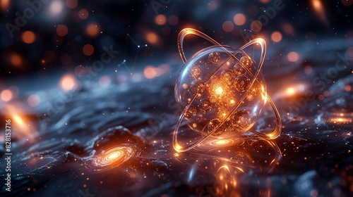 A glowing, translucent atom with swirling electrons orbiting around a nucleus of protons and neutrons, set against a cosmic backdrop filled with twinkling stars and galaxies.