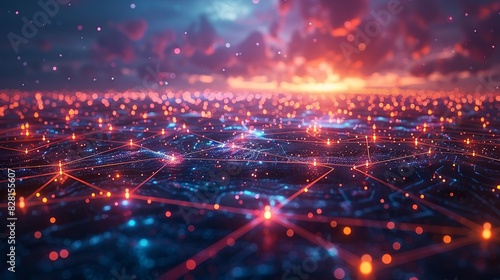 A depiction of quantum entanglement, with pairs of particles connected by glowing lines, stretching across vast distances in a cosmic setting. AI Technology and Industrial works concept,