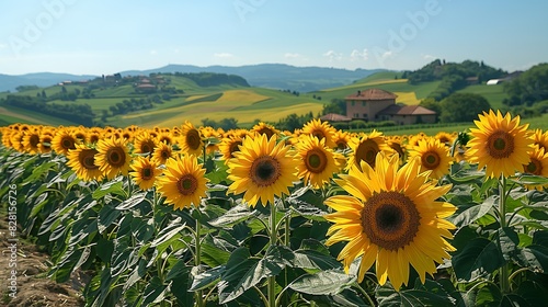 A field of sunflowers in full bloom, their large, golden heads turned towards the sun, with a clear blue sky and rolling hills in the distance, creating a serene natural landscape.