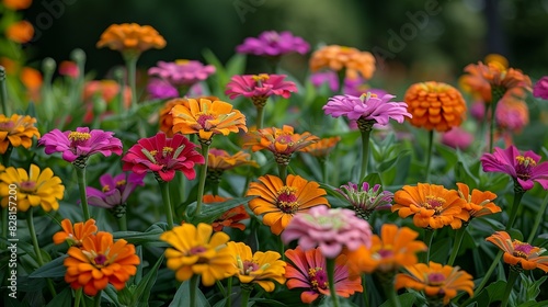 A vibrant garden scene with a mix of zinnias, marigolds, and petunias, their bright colors and diverse shapes creating a lively and eye-catching composition.