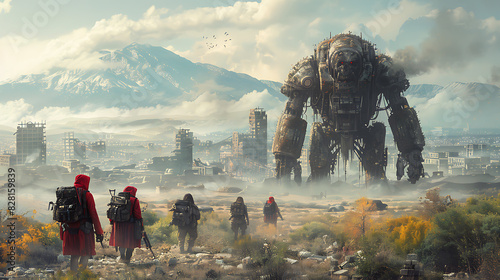 illustration of a postapocalyptic wasteland where survivors scavenge for resources amidst the ruins of civilization facing off against mutated creatures and rival factions in a struggle for survival