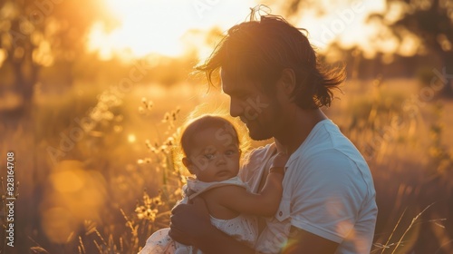 Young man and little daughter in the meadow at sunset