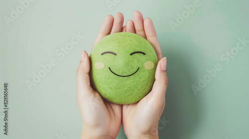 Hands Holding a Green Smiling Face Stress Ball on Soft Green Background
