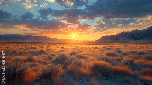 sunset in the mountains, A panoramic shot of a sprawling desert landscape with a lone figure walking towards the setting sun epic establishing shot