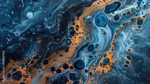 Acrylic flowing art ink liquid painting in dark blue and orange complement each other with air bubbles and sea wave patterns