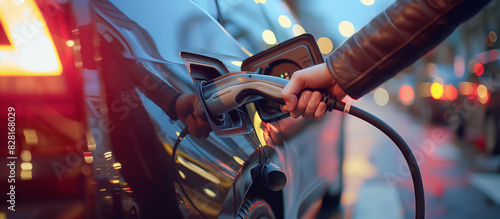 A person is filling up a car with electricity. The car is black and the person is wearing a leather jacket. The scene is set in a city with lots of traffic