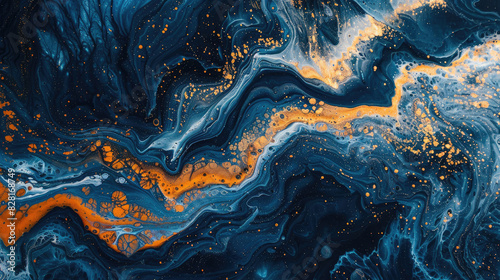 Acrylic flowing art ink liquid painting in dark blue and orange complement each other with air bubbles and sea wave patterns