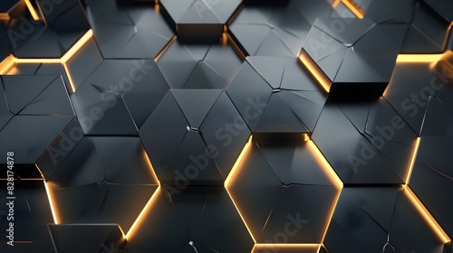 Luxury hexagonal abstract black metal background with golden light lines. Dark 3d geometric texture illustration. 