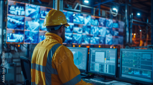 Worker in Modern Paper Mill Control Room Monitoring Multiple Screens
