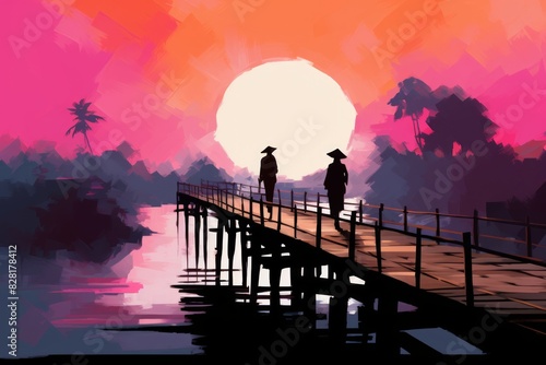  Monks on Wooden Bridge Silhouetted Against the Light Navy and Violet Sky of Myanmar 