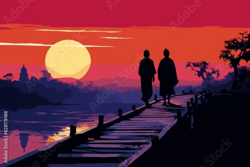 Two Monks on a Wooden Bridge in Myanmar's Dusk, and Violet Tones. 