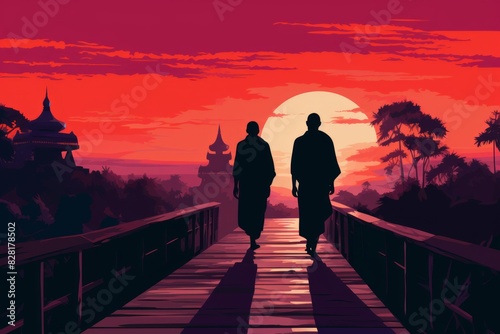 Silhouettes of Burmese Monks on a Wooden Bridge Amidst Light Red and Black Shadows. 