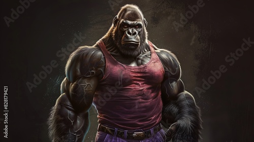 Anthropomorphic muscular gorilla wearing a red tank top in a dark environment. Digital art concept. Strength and power concept for design and print.