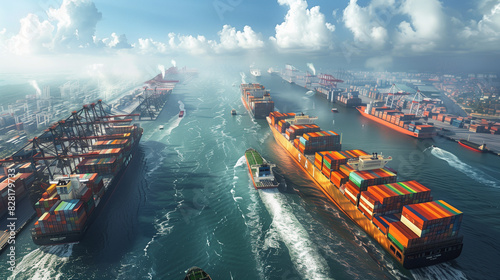 A large number of cargo ships are traveling through a body of water. The scene is bustling with activity as the ships navigate through the waterway