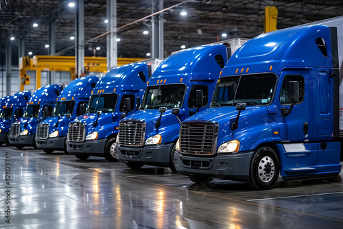 A row of blue semi trucks are parked in a warehouse. The trucks are all the same color and are parked in a neat row