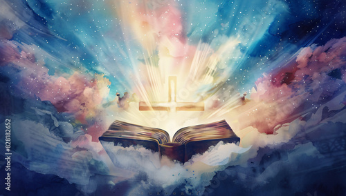 Watercolor illustration of an open Bible with cross and light rays