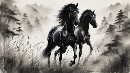 AI image generate Chinese brush painting black stallion