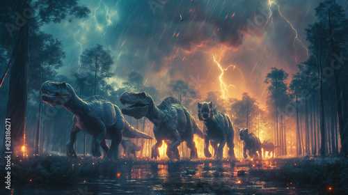dinosaur herd passing forest landscape with dramatic sky with thunder and lightning