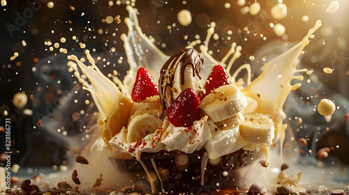 Delicious chocolate banana split explosion, cut out.