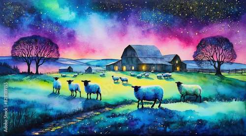 Sheep farm in the countryside at night starry sky, watercolor painting style, generative AI.