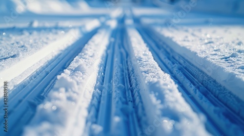 Close up of ski tracks on snow Winter sport backdrop of cross country skiing