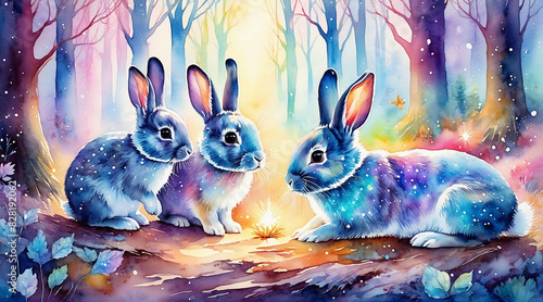 Cute rabbits in a forest, watercolor painting style, generative AI.