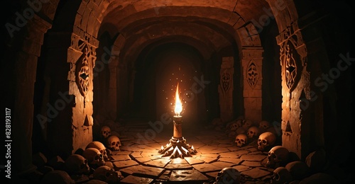 underground catacombs medieval fantasy dark tomb with walkways skulls and torches. horror building interior. lair of the dead and damned. 