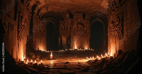 underground catacombs medieval fantasy dark tomb with walkways skulls and torches. horror building interior. lair of the dead and damned. 