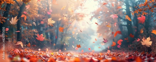 A colorful autumn landscape with falling leaves close up, season, ethereal, Overlay, forest backdrop