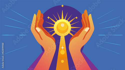 A pair of hands clasped above the head radiating energy and symbolizing the awakening of the Kundalini s within.. Vector illustration