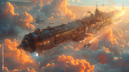 illustration of a steampunk airship soaring through the clouds with brass gears billowing smokestacks and adventurers embarking on a journey to uncharted lands