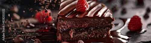 Delicious chocolate cake with raspberry on top and chocolate drizzle, perfect for dessert lovers, with a rich and indulgent texture.