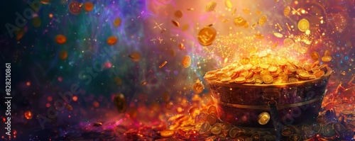 Depict a magical scene of gold coins cascading from a treasure chest, surrounded by sparkling light and vibrant colors, symbolizing fortune and abundance,