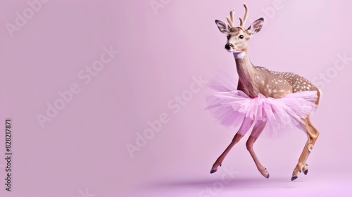A deer in a ballet tutu, performing a dance move on a solid lavender background with copy space