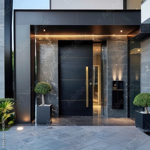 Contemporary black front door makes a striking statement, elevating the exterior aesthetics of the apartment