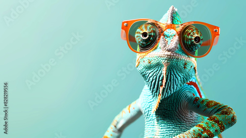 chameleon wearing sunglasses against a colorful background stands out as a striking visual in minimal, stylish, abstract vector art.