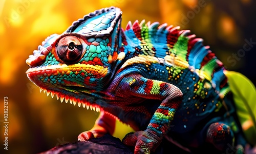 Chameleon displaying vivid colors positioned on gnarled tree branch camouflage effect, Ai Generated