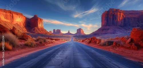 A desert road at high noon, the heat creating a mirage effect on the horizon, with red rock formations on either side.