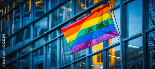 LGBT pride flag on office wall building. Trans gay lesbian gender equality movement symbol. Generative AI technology. 