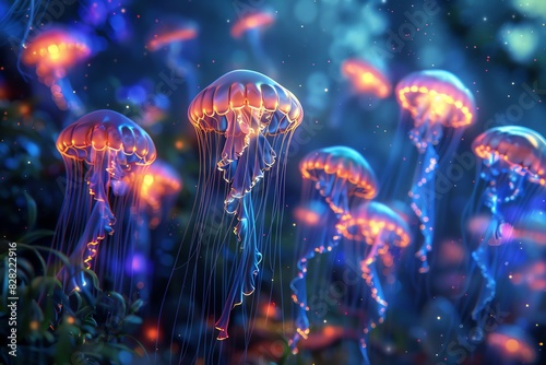 Create an enchanting scene of bioluminescent jellyfish exuding a mystical glow in a digital CG 3D format