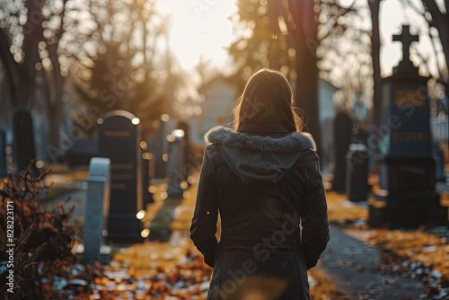 Sad person visiting cemetery alone, depicting grief and loneliness