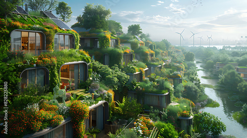 illustration of sustainable ecocity of future green rooftops solar panels wind turbines harnessing renewable energy lush urban gardens providing fresh food clean air residents thrive harmony nature